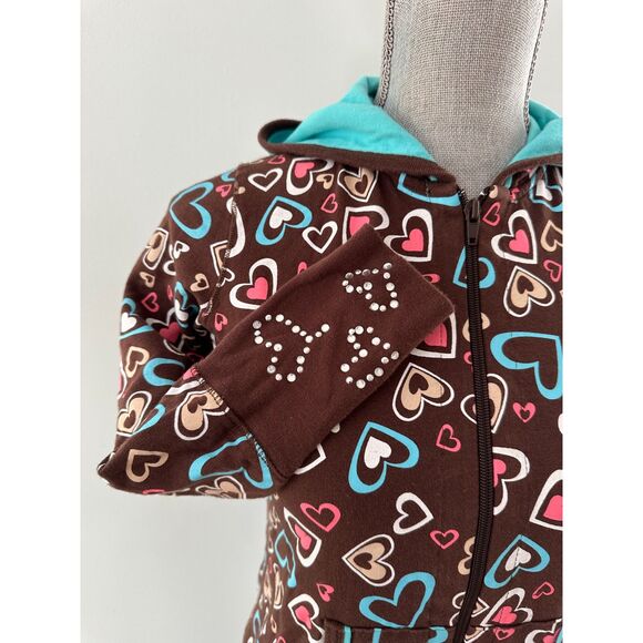 Vintage Y2k LA Kitty Brown Multi Heart Rhinestone Hoodie Jacket Top Girls 12/14 - Picture 7 of 7